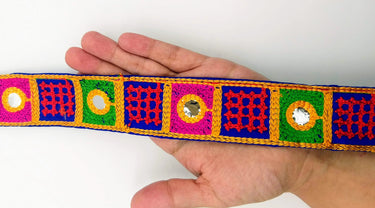 Indian Royal Blue Cotton Fabric Mirror Trim Embroidered in Red, Yellow, Green and Pink